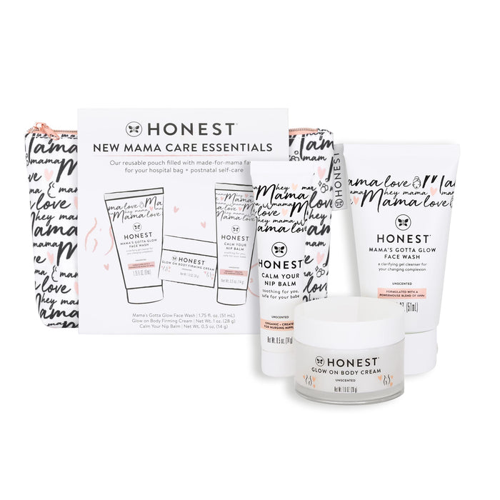 The Honest Company New Mama Care Essentials Gift Set | Hospital Bag Must Haves | Travel Size Nip Balm (0.5 oz), Glow On Body Cream (1 oz), Gotta Glow Face Wash (1.75 fl oz), Reusable Pouch