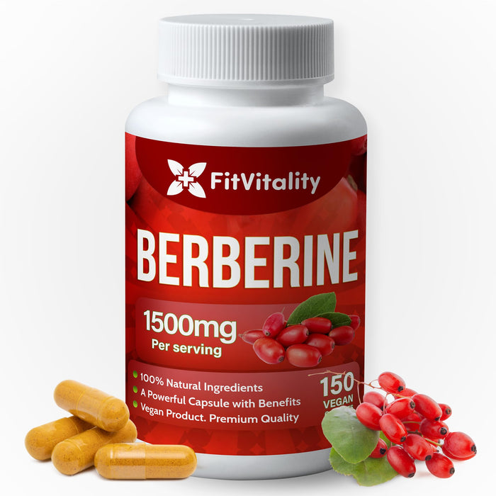 FitVitality Premium Berberine Supplement, 1500mg Berberine Per Serving, 150 Capsules, 100% Pure, Support Immune System Function, Non-GMO, Gluten-Free