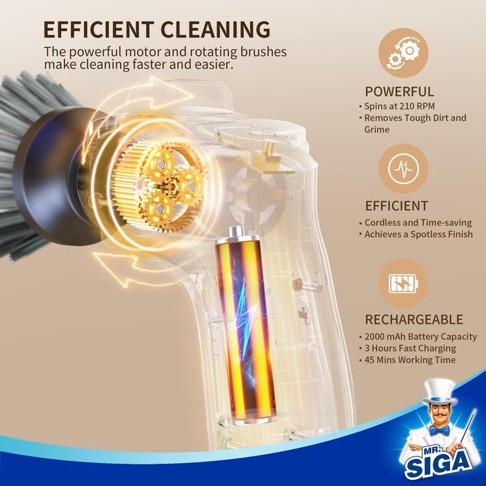 MR.SIGA Electric Spin Scrubber, Electric Cleaning Brush for Kitchen and Bathroom Cleaning, Waterproof Rechargeable Spin Scrubber, Cordless Spin Scrubber with 5 Replaceable Cleaning Brushes and Pads