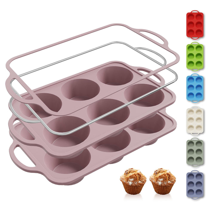 2 Packs 6 Cups Silicone Muffin Pan with Metal Reinforced Frame Jumbo Size Cupcake Pan Tray Egg Bites Silicone Circle Cookie Molds Muffin Tin Tart Pans Baking Sheet Set for Breakfast Sandwiches