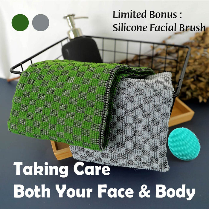 myHomeBody Extra Long Exfoliating Washcloth, Exfoliating Body Scrubber, Exfoliating Towel, 3D Texture Graphite Grey and Forest Green Checks, Set of 2 with Silicone Facial Brush