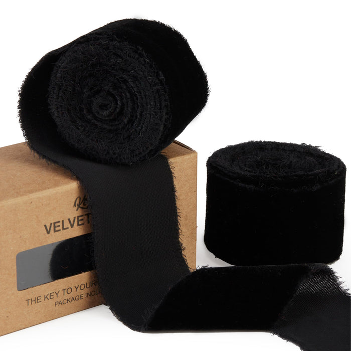 Keypan Black Velvet Ribbon for Gift Wrapping - 1 1/2 inch Wide Handmade Fringe Fabric Ribbon for Christmas Decorations, Baby Shower, Flower Bouquet