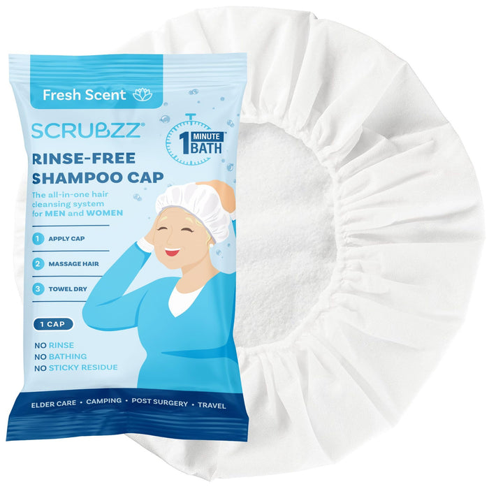 Scrubzz Shampoo Caps No Rinse for Elderly and Bedridden Patients, Rinse Free Shampoo Caps for Post Surgery and Hospital Stays, Waterless Hair Washing Shower Caps - 24 Pack