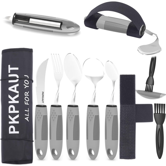 PKPKAUT Weighted Parkinsons Utensils for Hand Tremors, Weighted Silverware for Parkinsons Patients Arthritic Hands, Built Up Utensils for Adults, Adaptive Eating Utensils for Disabled People Elderly