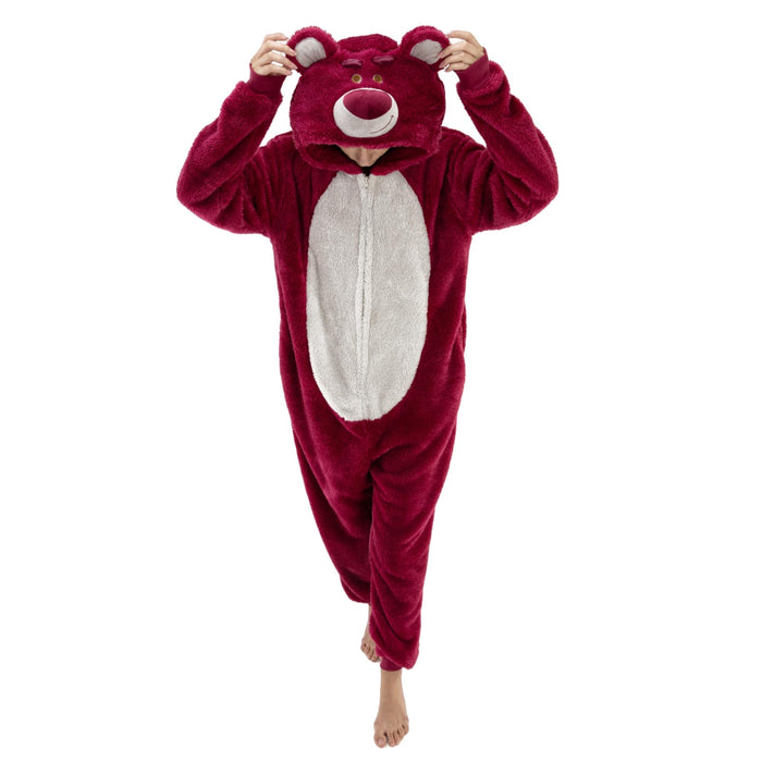 COSUSKET Snug Fit Unisex Adult Lotso Onesie Pajamas, Sherpa Cosplay Bear One Piece Halloween Costume Sleepwear Homewear