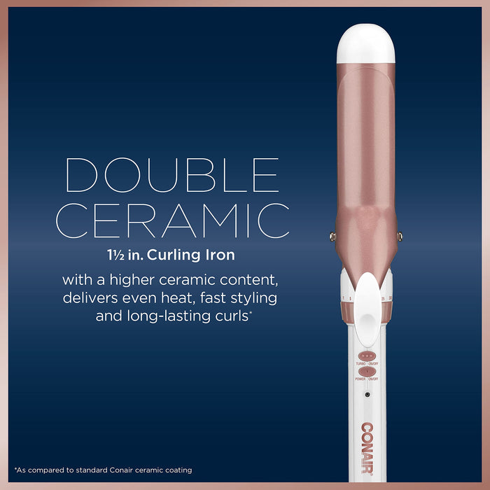 Conair Double Ceramic 1 1/2-Inch Curling Iron, 1 ½ inch barrel produces soft waves – for use on medium and long hair