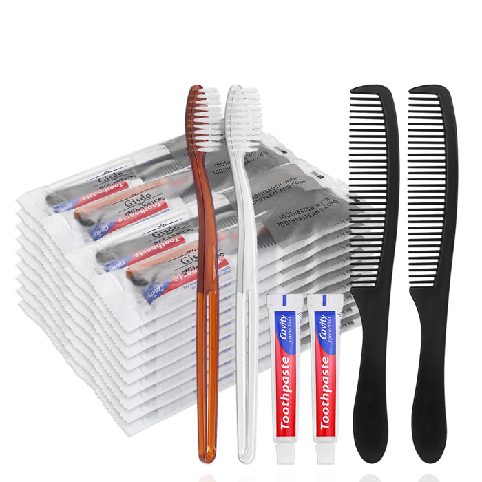 Gisdo 50 Pcs Disposable Toothbrushes with Toothpaste and Comb Individually Wrapped,10g Travel Toothpaste,7inch Black Hair Comb,Bulk Toothbrush for Hotel,AirBnb,Shelter,Charity