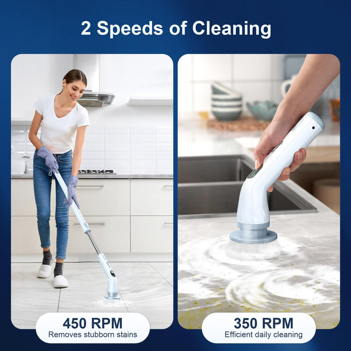 LABIGO Electric Spin Scrubber LA4 Pro, Dual Speed Bathroom Scrubber with Display & 6 Replacement Cleaning Heads, Cordless Power Scrubber with Adjustable & Detachable Handle for Bathroom Floor Tile