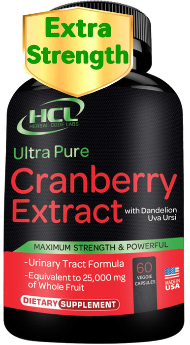 Cranberry Extract Pills - Super Strength 50:1 Whole Fruit Concentrate Equals to 25,000mg of Fresh Cranberries Plus Dandelion & Uva Ursi - Natural UTI Support - Kidney Cleanse & Urinary Tract Health