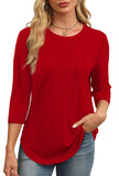 XIEERDUO 3/4 Length Sleeve Womens Tops Plus Size Round Neck Pleated Tunic Tops Loose Fit Christmas Red XXL