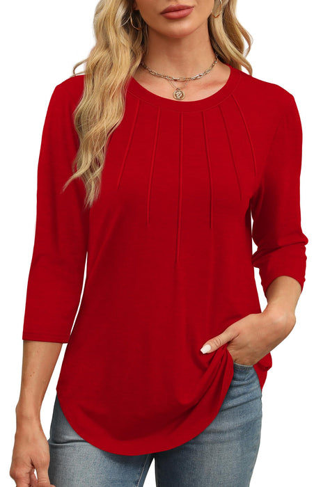 XIEERDUO 3/4 Length Sleeve Womens Tops Dressy Casual Crewneck Pleated Tunic Tops Loose Fit Christmas Red XL