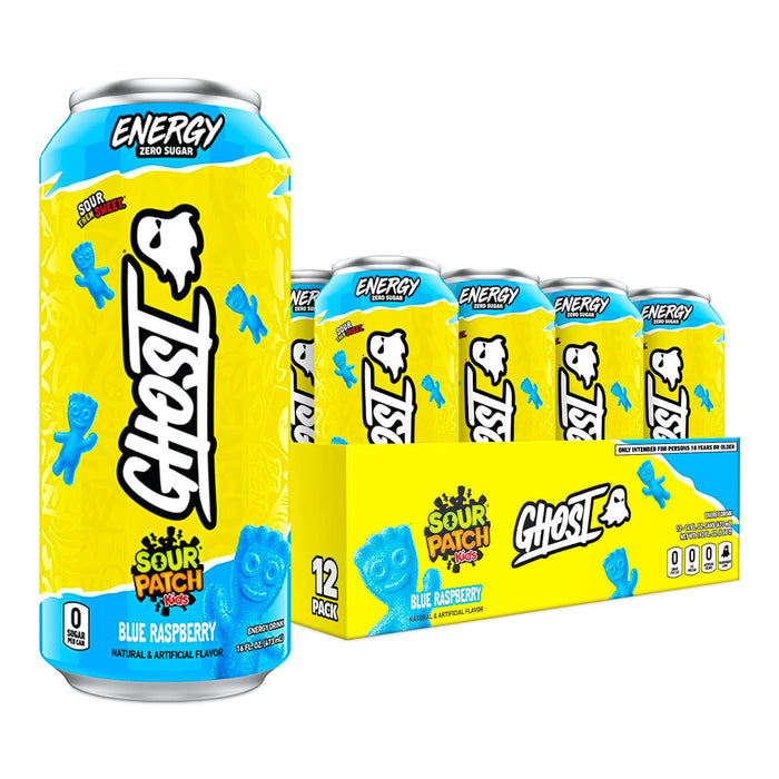 GHOST Energy Drink - 12-Pack, Sour Patch Kids Blue Raspberry, 16oz - Energy & Focus & No Artificial Colors - 200mg Natural Caffeine, L-Carnitine & Taurine - Gluten-Free & Vegan