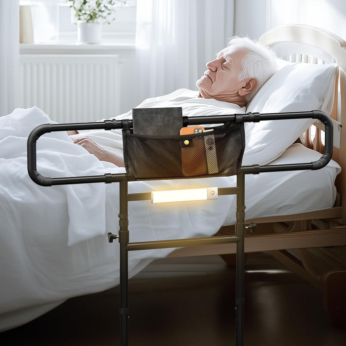 Bed Rails for Elderly Adults Safety-Adjustable Heights&Extendable Bed Side Rail with Leg,Storage Pocket,Motion Sensor Light,Foldable Bed Assist Grab Bar,Heavy Duty for Seniors,Fit King Queen Full Twin