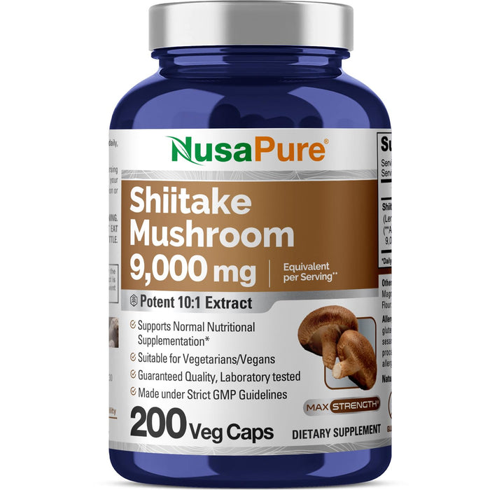 NusaPure Shiitake Mushroom Extract 9000mg 200 Veggie Capsules (Non-GMO, Gluten-Free)