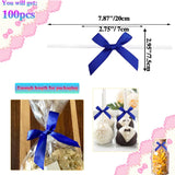 100 Pack Blue Satin Ribbon Twist Tie Bows for Treat Bags, Gift Bags, Bakery Candy Bags and Package Decorating Ribbon Bow, Bowknot for Gifts