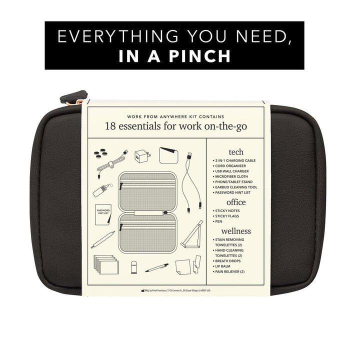 Pinch Provisions Work from Anywhere Kit, includes 18 Essentials to Help You Stay on Task, Must-Have Essentials, Compact Multi-Functional Vegan Leather Pouch, Black