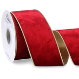 Ribbli Red Velvet Wired Ribbon 2.5 Inch Metallic Red Gold Crushed Velvet Christmas Ribbon for Gift Wrapping Christmas Tree Decoration Crafts Wreaths Supplies-Continuous 10 Yards