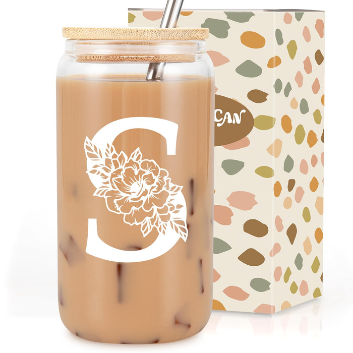 Coolife Initial Glass Cup, Monogrammed Gifts for Women, 16 oz Glass Cups w/Lids Straws, Iced Coffee, Smoothie, Beer Glass Tumbler w/Straw Lid - Personalized Christmas, Birthday Gifts for Her Mom