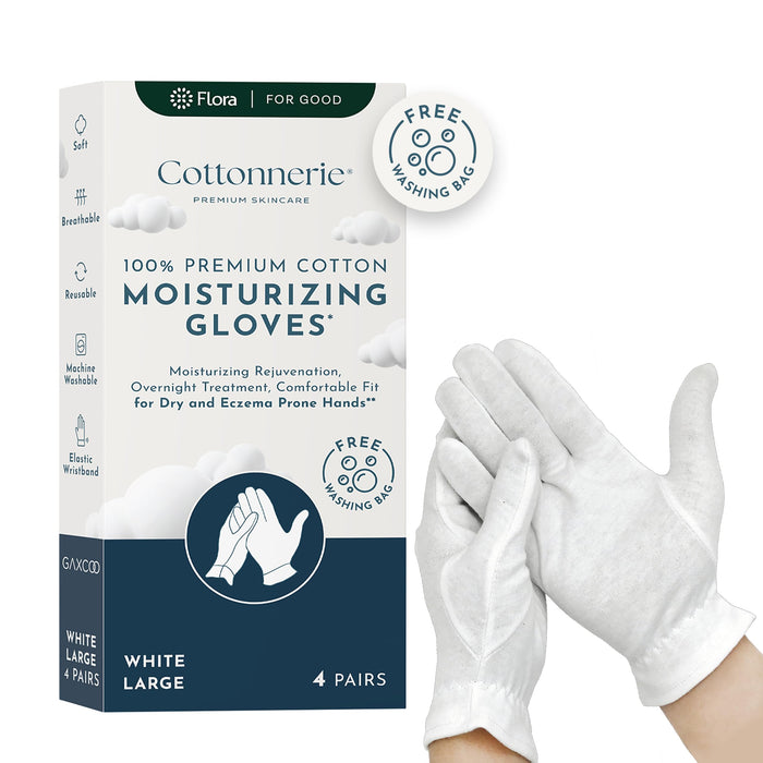 Gaxcoo Cottonnerie Large 4 Pairs 100% Premium Cotton Moisturizing Gloves for Dry Hands & Eczema | Overnight Lotion & Spa Treatment for Women & Men | Reusable, Free Washing Bag - Packaging May Vary