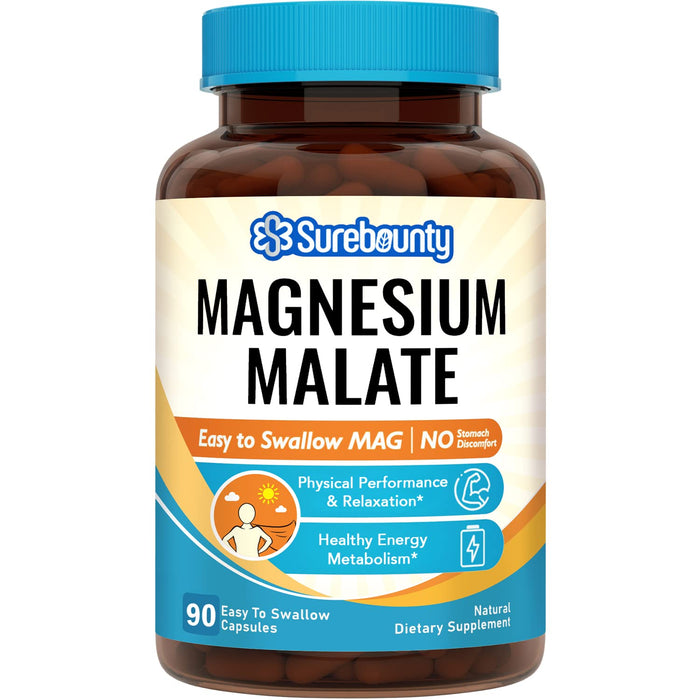 Surebounty Magnesium Malate, 410 mg Magnesium Malate (45 mg Elemental Magnesium), Morning MAG Regimen, Energy & Muscle, for Children, Teenagers, and Adults, No Oxide, 90 Easy to Swallow Capsules