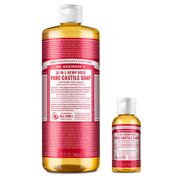 Dr. Bronner's Pure-Castile Liquid Soap – Rose Bundle. 32 oz. Bottle and 2 oz. Travel Bottle