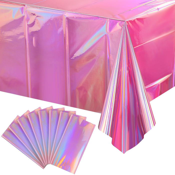 8 Pack Iridescent Pink Plastic Tablecloths, FunnyPars Shiny Disposable Laser Rectangle Table Covers, Holographic Foil Tablecloth Iridescent Party Decorations for Birthday Wedding Christmas, 54x108Inch