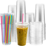 Nuogo 100 Set 32oz Clear Plastic Cups with Flat Lids and Straws, PET Plastic Cups with Lids Colored Straws Drinking Plastic Disposable Cup for Ice Cream Cold Drink Iced Coffee Tea Juice (Multicolor)