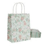 Sparkle and Bash 24-Pack Floral Gift Bags, 8x4x10-Inch Medium Size Gift Bags with Handles, Paper Bags with Colorful Rose Flower Print (Green)