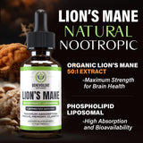 Lions Mane Mushroom Supplement - 50:1 Lion's Mane Liquid Extract Tincture & Phospholipid Liposomal Absorption Complex Drops - Promotes Focus, Memory & Mental Clarity - Made in USA - 4 Fl. Oz