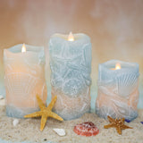 Silverstro Ocean Flameless Candles Remote: Carved Seashell Real Wax Flicker Battery Operated Candles for Home Party Wedding Christmas Nautical Summer Decor - Set of 3(Blue)