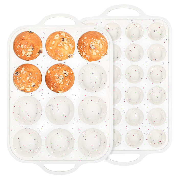 Fimary Silicone Muffin Pan with Metal Reinforced Frame - 12 Cups Muffin Pan With 24 Cups for Homemade Muffins, Cupcakes, Oven and Dishwasher Safe - Set of 2, Rainbow Dots