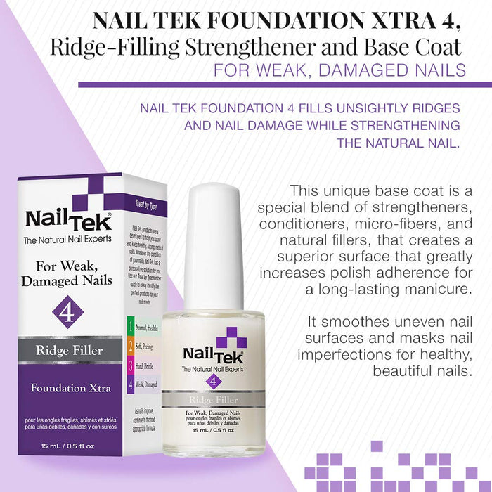 Nail Tek Foundation Xtra 4, Ridge Filling Strengthening Base Coat for Weak and Damaged Nails, 0.5 oz, 2-Pack