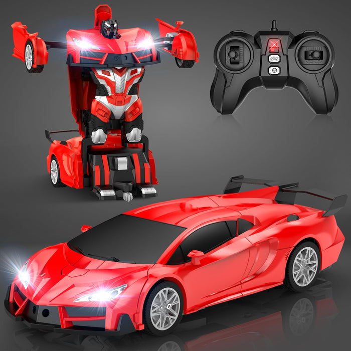 Qumcou Remote Control Car, Transform Robot RC Cars with Cool Headlights, 2.4Ghz Kids Toys Car with 360 Degree Rotation and One-Button Deformation, Christmas Birthday Gifts for Boys Girls, Red