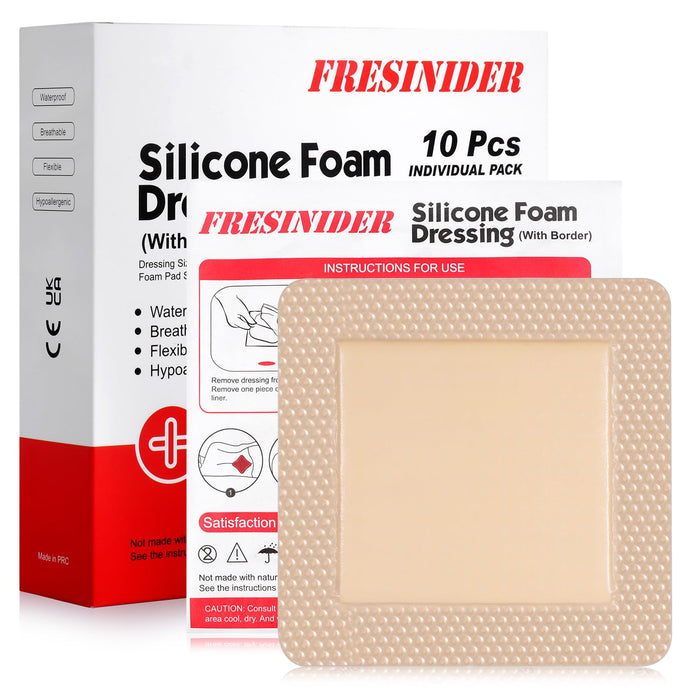 FRESINIDER Silicone Foam Dressing with Adhesive Border – Wound Dressing Bandage – Silicone Foam Pad – Pack of 10 – 5 x 5 Inches Large Waterproof Bandages – Self Adhesive Wound Care and Dressings