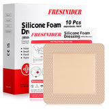 FRESINIDER Silicone Foam Dressing with Adhesive Border – Wound Dressing Bandage – Silicone Foam Pad – Pack of 10 – 5 x 5 Inches Large Waterproof Bandages – Self Adhesive Wound Care and Dressings