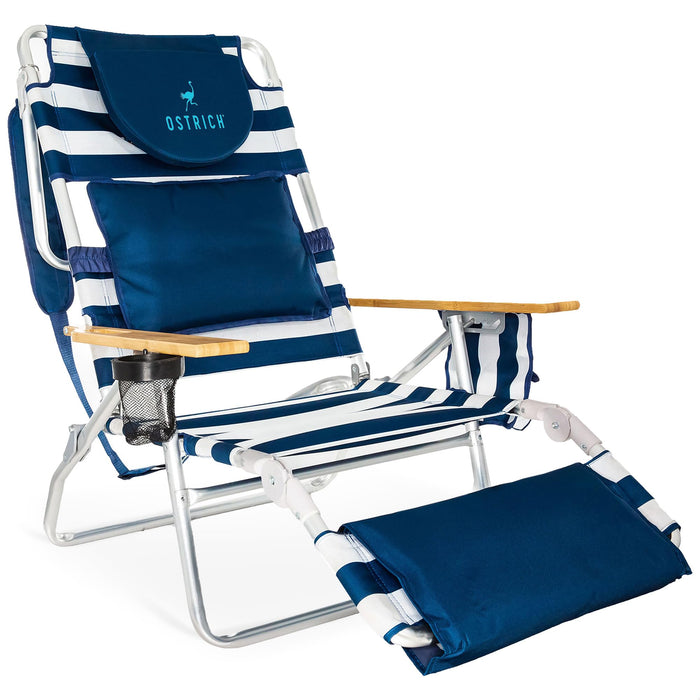 Ostrich the Deluxe 3N1 Lightweight Lawn Beach Reclining Lounge Chair with Footrest, Outdoor Furniture for Patio, Balcony, Backyard, or Porch, Blue Stripe