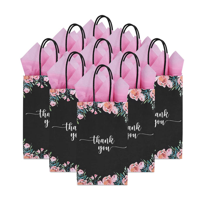 DjinnGlory 50 Pack Small Black & Floral Thank You Paper Bags Spring Gift Bags with Handles 9 x5.5 x3.15 Inches and 24 Pink Tissue Paper for Mother's Day Wedding Baby Shower Birthday Parties