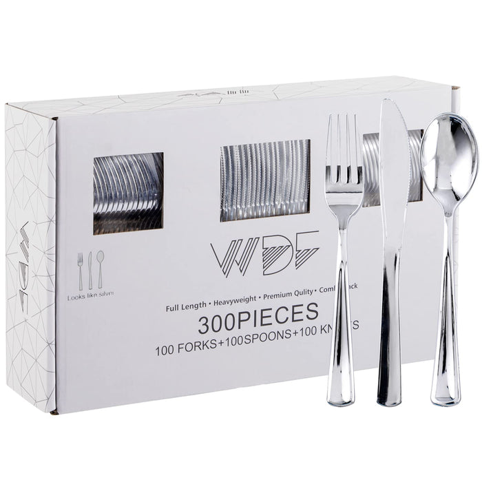 WDF 300 Pieces Silver Plastic Silverware - Plastic Silverware- Plastic Silverware Heavy Duty - 100 Forks 100 Knives 100 Spoons - Disposable Silver Plastic Cutlery Perfect for Party/Wedding/Christmas