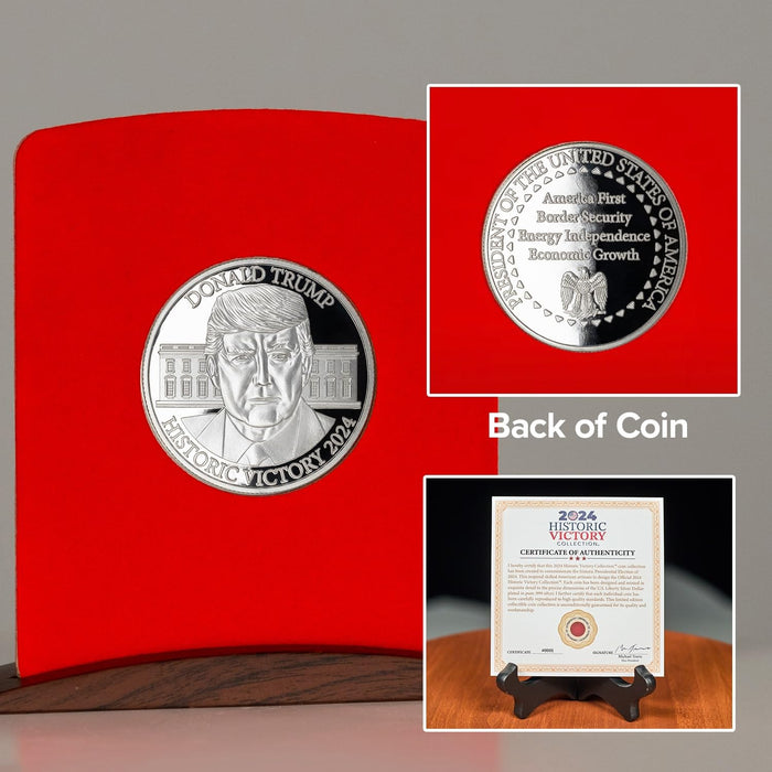 Donald Trump 2024, AS-SEEN-ON-TV Victory Commemorative Coin, Pure .999 Silver Layered, Limited Edition, Historic Election Collectible with Display Case and Certificate