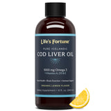 Life's Fortune Cod Liver Oil Liquid Organic Lemon Flavor (8 Oz) 1,000 mg Omega + Vitamin A, E & D3 - Supports Immune Health - 100% Fish Oil Supplement from Wild Ocean Cod-GMO Free