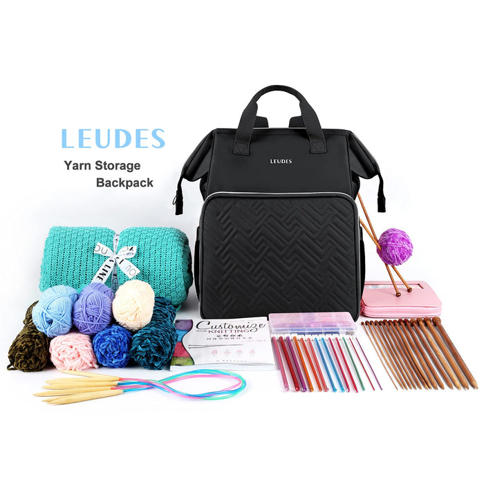 Leudes Knitting Bag Backpack, Yarn Storage Organizer Large Crochet Bag Tote Christmas Gift Yarn Holder Case for Carrying Projects, Knitting Needles (Black)