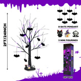 PEIDUO Halloween Decorations, 2FT Black Halloween Tree with 24 Purple Lights and 8 Bat Ornaments, Light up Halloween Decorations with Timer for Indoor Home Desk Table Decor Battery Powered