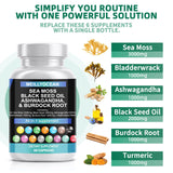 Sea Moss 3000mg Ginger Black Seed Oil 2000mg, Ashwagandha 1000mg, Turmeric 1000mg, Bladderwrack 1000mg, Burdock 1000mg & Blend with Dandelion Yellow Dock