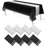 8Pack Disposable Plastic Tablecloths and Satin Table Runner Set Black and Silver Dot Tablecloth Silver Satin Table Runner for Wedding Birthday Baby Shower Anniversary Christmas New Year Party Supply