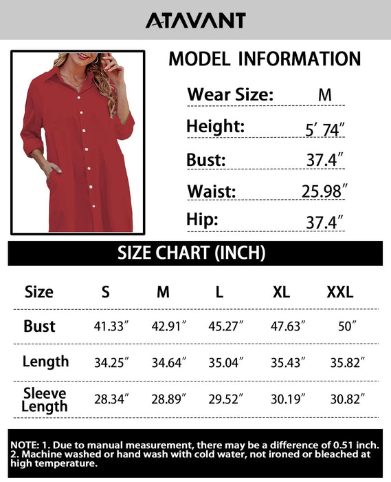 atavant Long Sleeve Dress for Women, Casual Button Down Shirts for Women, Fall Blouse for Women with 2 Side Pockets(Red,L)