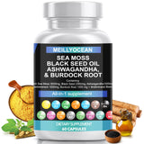 Sea Moss 3000mg Ginger Black Seed Oil 2000mg, Ashwagandha 1000mg, Turmeric 1000mg, Bladderwrack 1000mg, Burdock 1000mg & Blend with Dandelion Yellow Dock