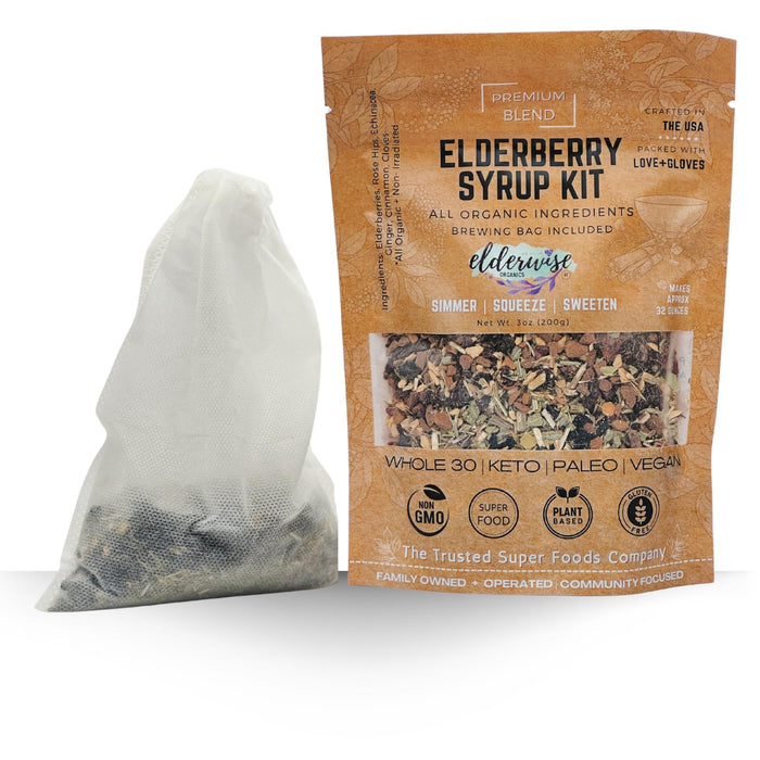 Elderwise Organic Elderberry Syrup Kit - Easy to Use, DIY Elderberry Syrup Making Kit with Elderberries ,Rosehips, Ginger, Echinacea, Cinnamon, and Cloves, Makes 32oz of Syrup, Brewing Bag Included