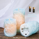 Silverstro Ocean Flameless Candles Remote: Carved Seashell Real Wax Flicker Battery Operated Candles for Home Party Wedding Christmas Nautical Summer Decor - Set of 3(Blue)