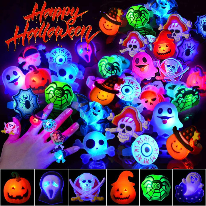 Coluans Halloween Treats 25Pcs Halloween LED Ring Light Up Rings Halloween Toys Glow in The Dark Halloween Party Favors for Kid LED Flash Rings Non Candy Gift Bag Fillers NEW VERSION