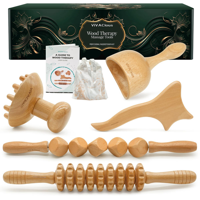 5-in-1 Wood Therapy Massage Tools Kit - Lymphatic Drainage Massager for Stomach, Thighs and HIPS | Maderoterapia Kit Professional for Muscle Pain Relief | Wooden Body Sculpting Tools | ViVACious